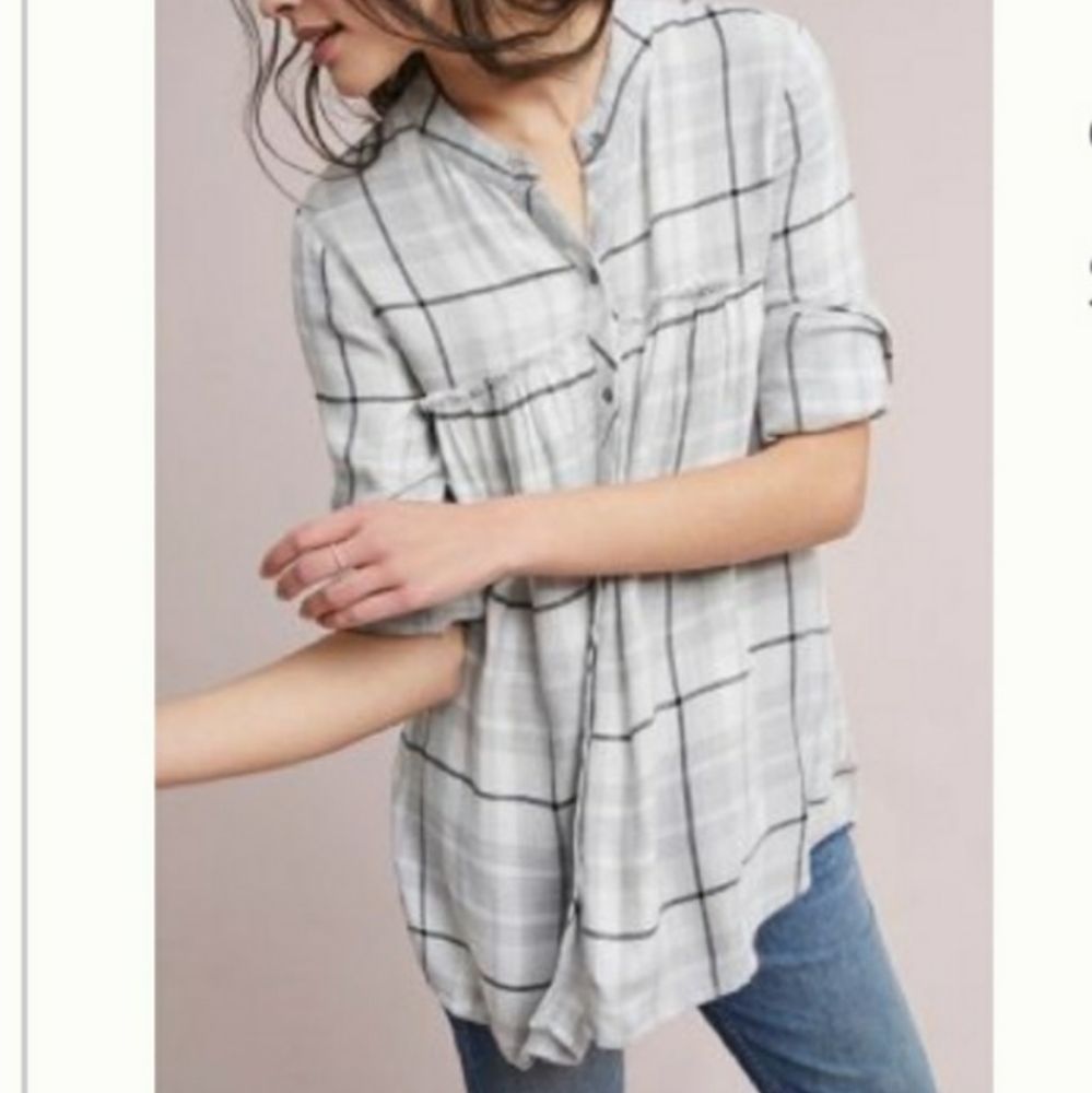 cloth & stone Light Gray and Black Plaid Roll-Sleeve Tunic